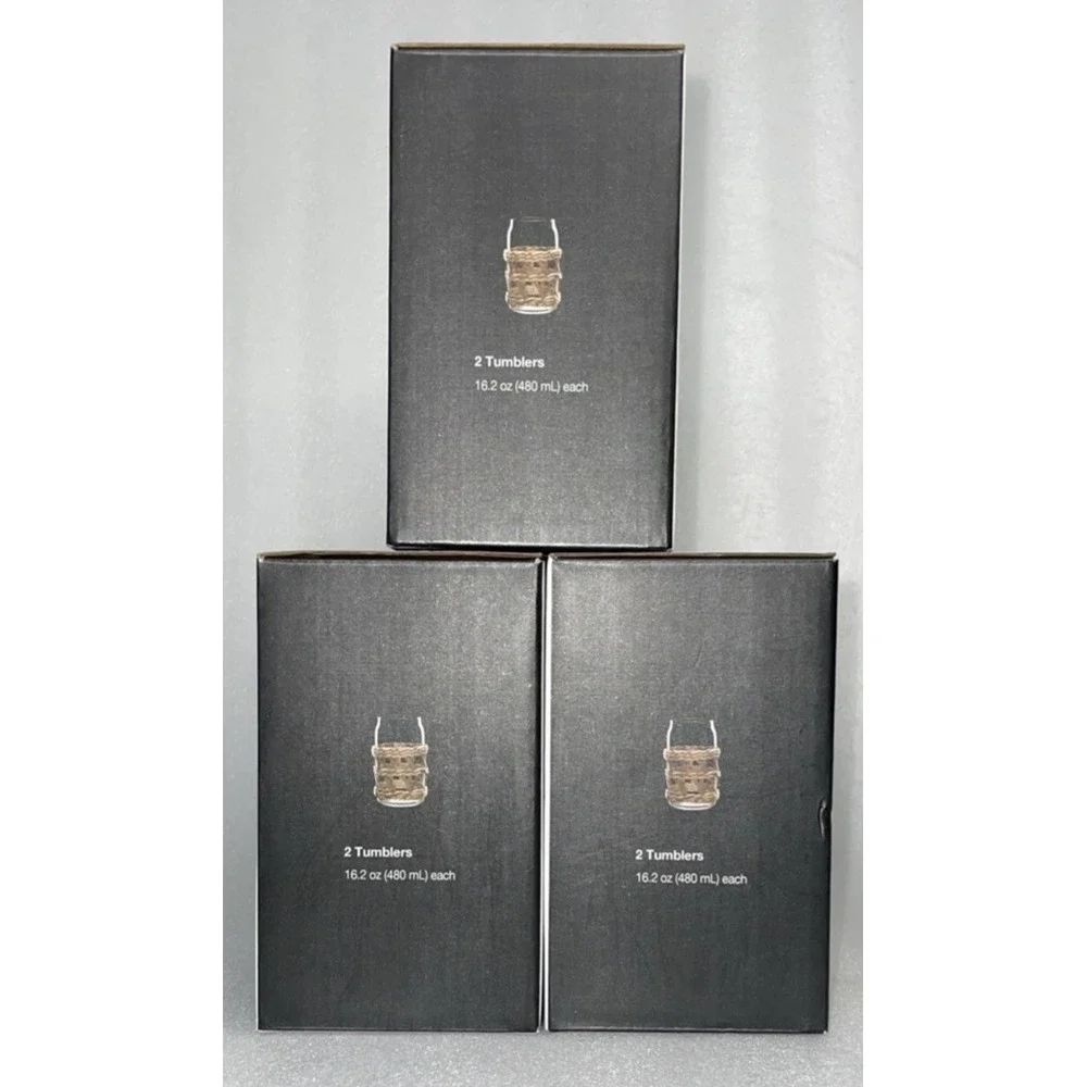 Set of 6 The Cellar Rattan & Glass Tumblers 16.2 oz Each w/ Removable Rattan NEW